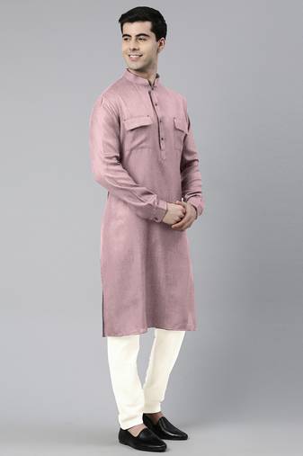 Old rose cotton pathani kurtas with patch pocket