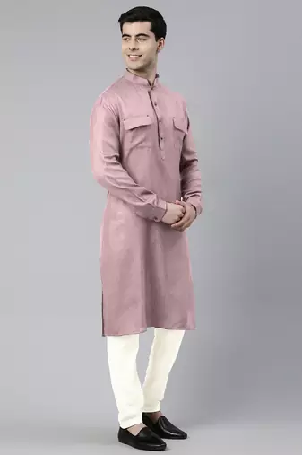 Old rose cotton pathani kurtas with patch pocket