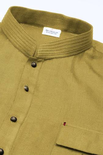 Greenish yellow cotton pathani kurtas with patch pocket