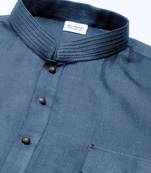 Denim blue cotton pathani kurtas with patch pocket