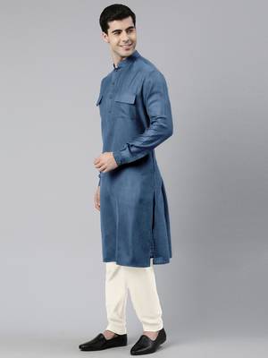 Denim blue cotton pathani kurtas with patch pocket 2