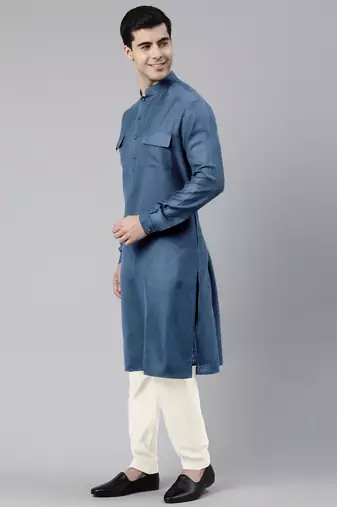 Denim blue cotton pathani kurtas with patch pocket