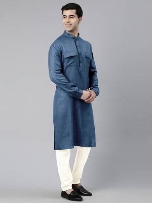 Denim blue cotton pathani kurtas with patch pocket 3