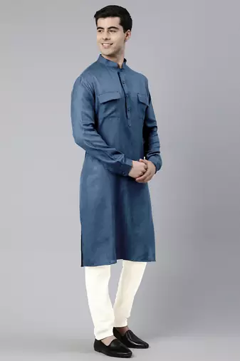 Denim blue cotton pathani kurtas with patch pocket