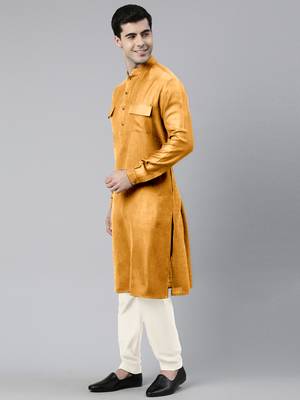 Mustard cotton pathani kurtas with patch pocket 2