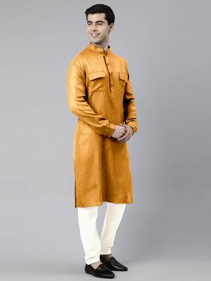 Mustard cotton pathani kurtas with patch pocket 3