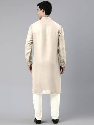 Cream cotton pathani kurtas with patch pocket 4