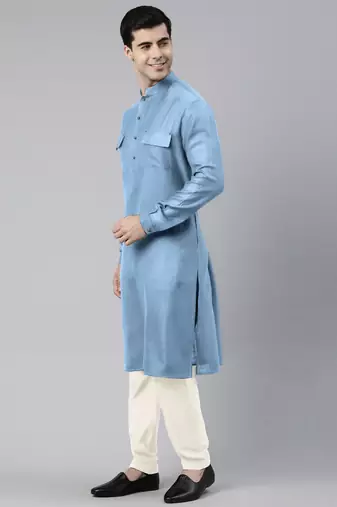 Light blue cotton pathani kurtas with patch pocket