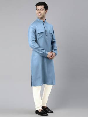 Light blue cotton pathani kurtas with patch pocket 3