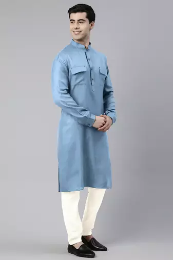 Light blue cotton pathani kurtas with patch pocket