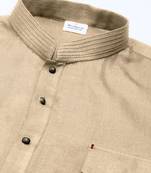 Beige cotton pathani kurtas with patch pocket