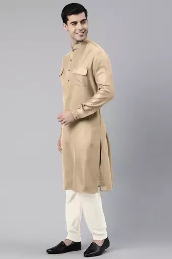 Beige cotton pathani kurtas with patch pocket