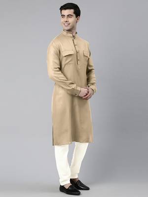 Beige cotton pathani kurtas with patch pocket 3