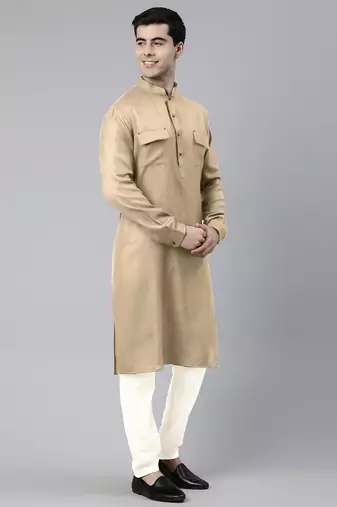 Beige cotton pathani kurtas with patch pocket
