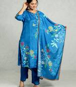 Blue muslin silk kurta pant set with dupatta