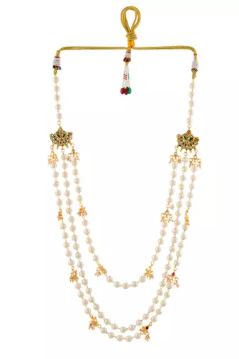 3 layer pearl & kundan beads gold-plated  necklace