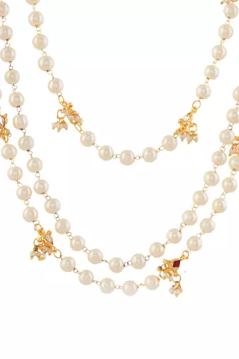 3 layer pearl & kundan beads gold-plated  necklace