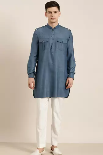 Denim blue cotton short pathani