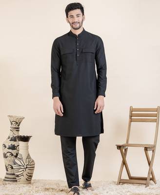 Black cotton pathani kurtas with patch pocket 1