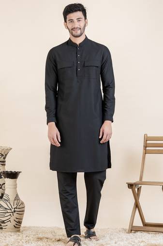 Black cotton pathani kurtas with patch pocket