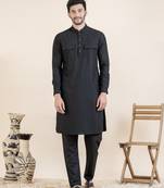 Black cotton pathani kurtas with patch pocket