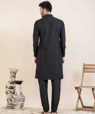 Black cotton pathani kurtas with patch pocket 2