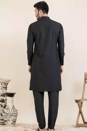 Black cotton pathani kurtas with patch pocket