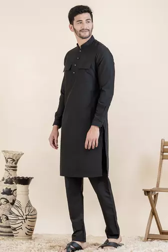 Black cotton pathani kurtas with patch pocket