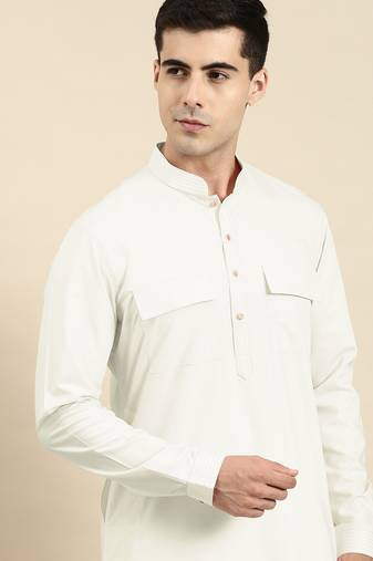 off white cotton pathani kurtas with patch pocket