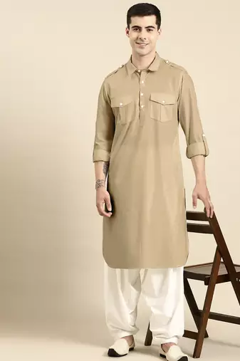 Beige fine cotton pathani with salwar