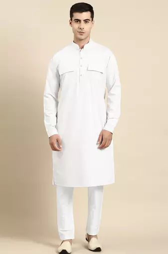White cotton pathani kurtas with patch pocket