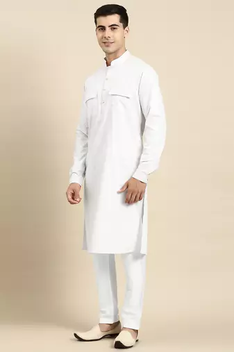White cotton pathani kurtas with patch pocket