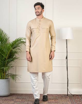 Beige cotton pathani kurtas with patch pocket 1