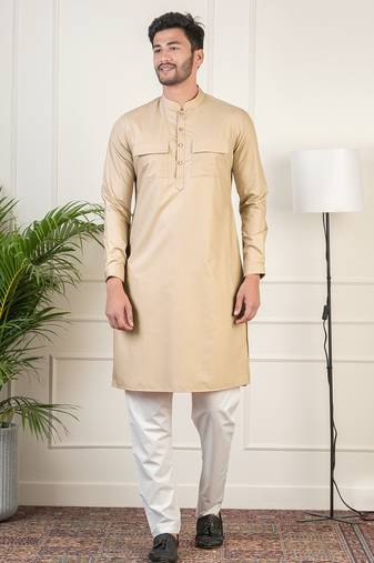Beige cotton pathani kurtas with patch pocket