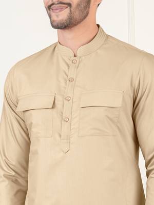 Beige cotton pathani kurtas with patch pocket 2
