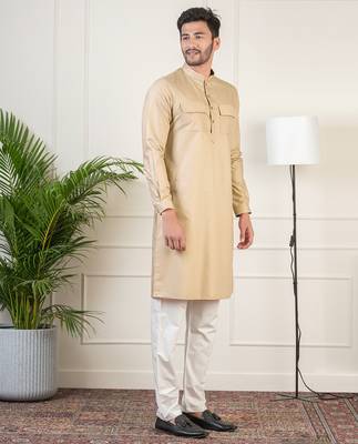 Beige cotton pathani kurtas with patch pocket 3