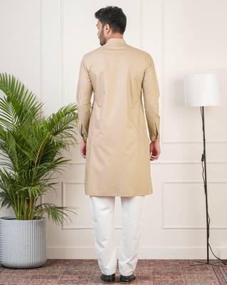 Beige cotton pathani kurtas with patch pocket 4