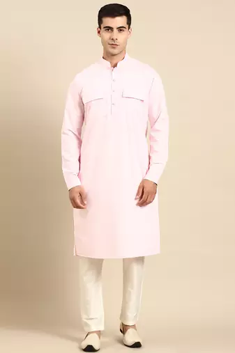 Light pink cotton pathani kurtas with patch pocket