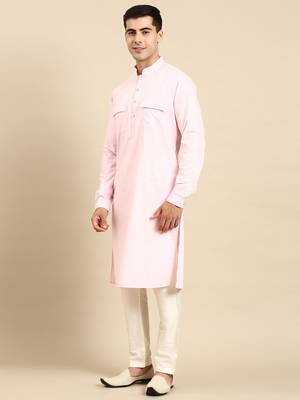 Light pink cotton pathani kurtas with patch pocket 4