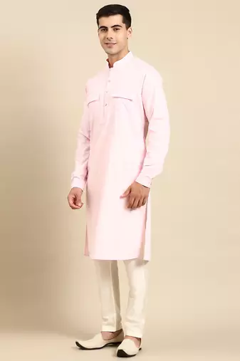 Light pink cotton pathani kurtas with patch pocket
