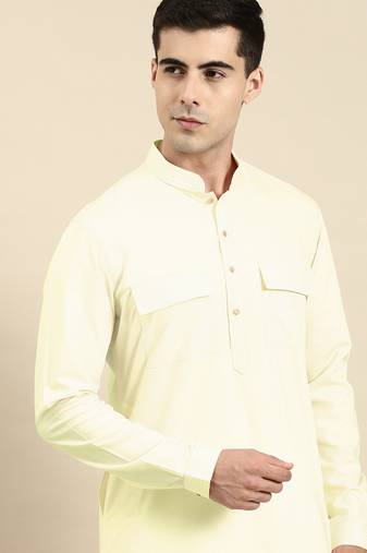 Light yellow cotton pathani kurtas with patch pocket