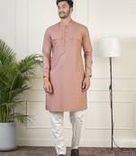 Dark pink cotton pathani kurtas with patch pocket