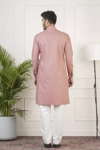 Dark pink cotton pathani kurtas with patch pocket