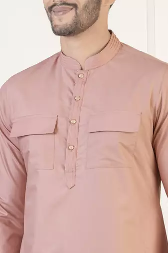 Dark pink cotton pathani kurtas with patch pocket