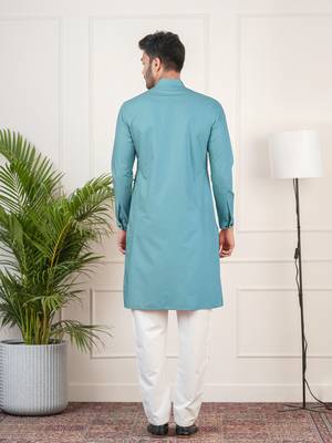 Teal cotton pathani kurtas with patch pocket 4