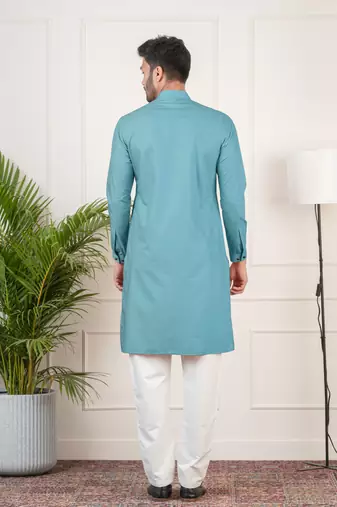 Teal cotton pathani kurtas with patch pocket