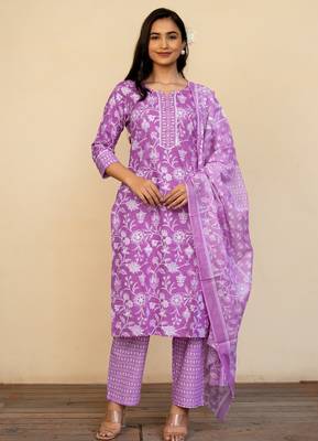 Women's Light Purple Cotton Floral Print Kurta Set with Dupatta & Trouser 1