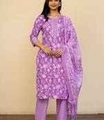 Women's Light Purple Cotton Floral Print Kurta Set with Dupatta & Trouser