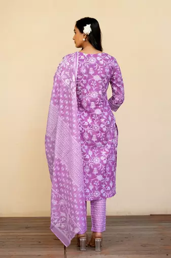 Women's Light Purple Cotton Floral Print Kurta Set with Dupatta & Trouser