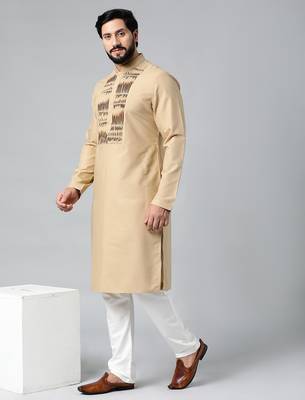 Beige cotton shell tucks embroidered cotton kurtas 1